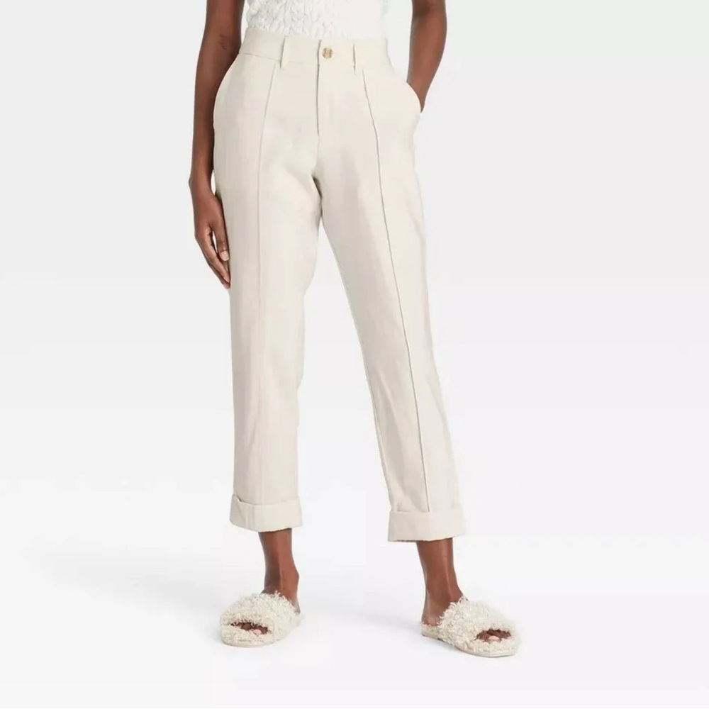 Women's High-Rise Slim Straight Leg Pintuck Ankle Pants A New Day Cream Size 8